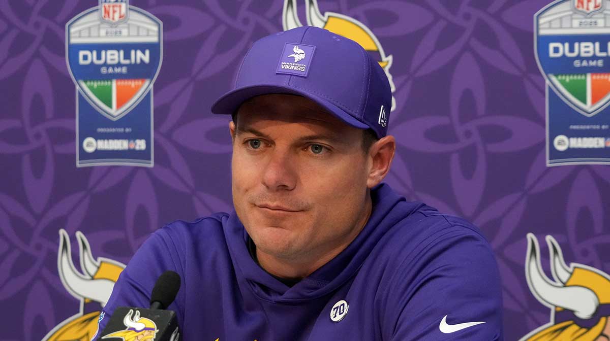 Minnesota Vikings coach Kevin O'Connell at a press conference after an NFL International Series game against the Pittsburgh Steelers at Croke Park.