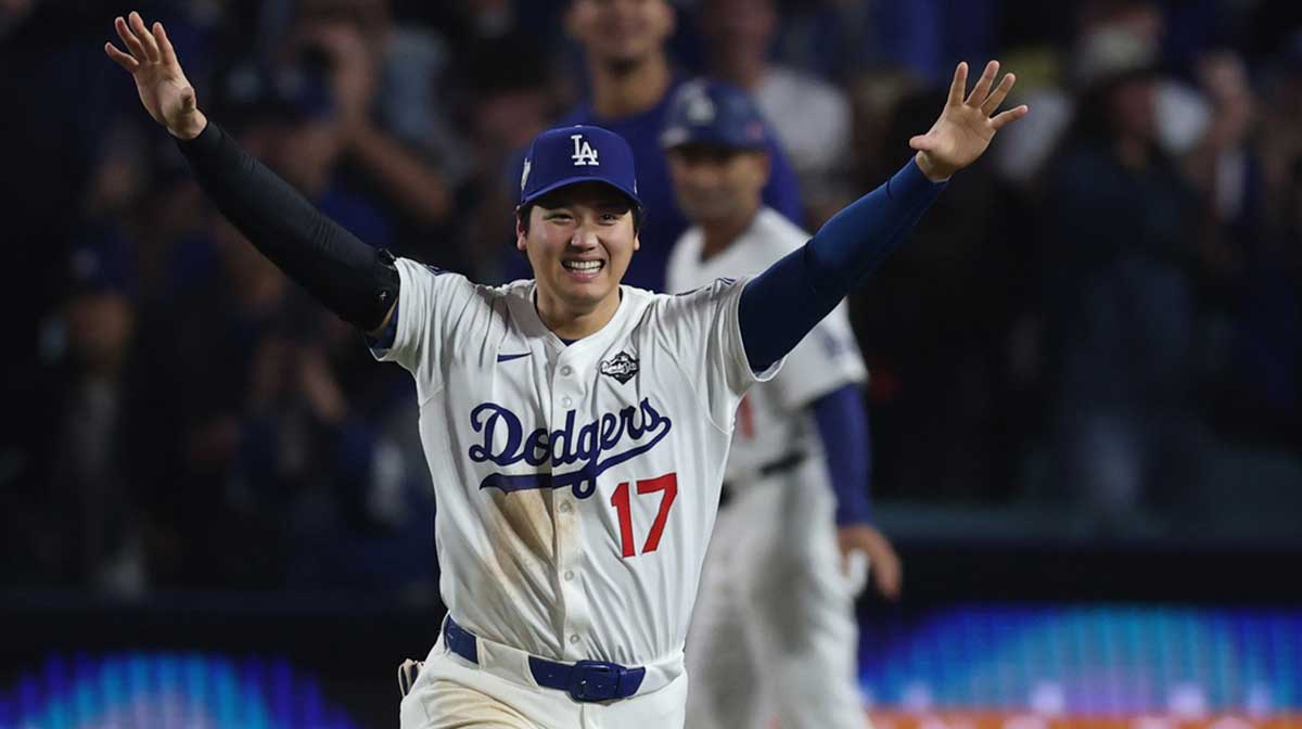 Los Angeles Dodgers designated hitter Shohei Ohtani (17) celebrates after winning in the eighteenth inning against the Toronto Blue Jays in game three of the 2025 MLB World Series at Dodger Stadium. Mandatory Credit: Kiyoshi Mio-Imagn Images