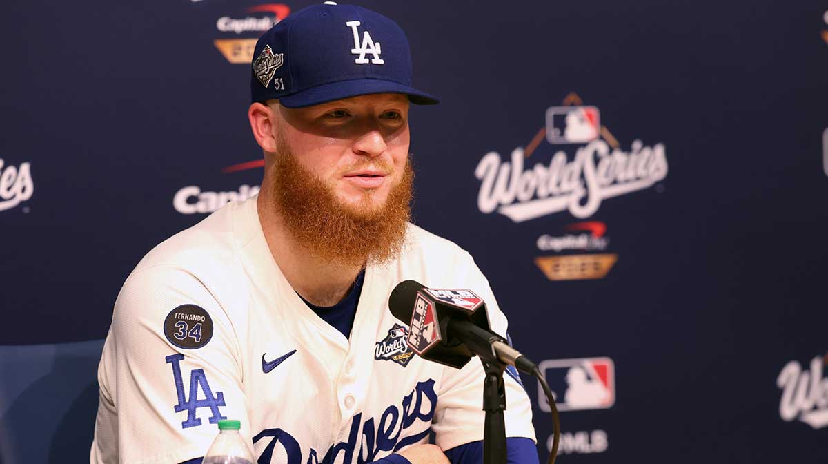 Los Angeles Dodgers pitcher Will Klein (60) speaks in a press conference after defeating the Toronto Blue Jays in game three of the 2025 MLB World Series at Dodger Stadium. Mandatory Credit: Kiyoshi Mio-Imagn Images