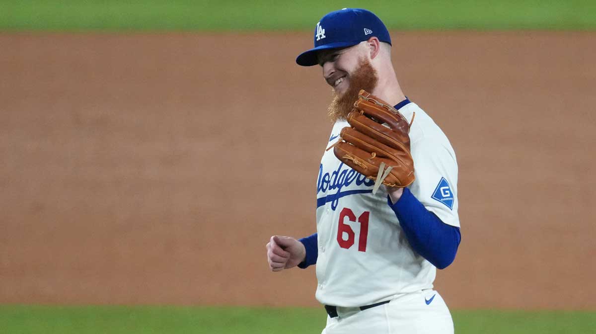 Los Angeles Dodgers pitcher Will Klein reacts after the seventeenth inning against the Toronto Blue Jays in game three of the 2025 MLB World Series at Dodger Stadium. Mandatory Credit: Kirby Lee-Imagn Images