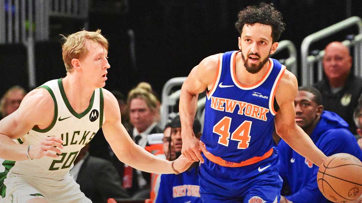New York Knicks guard Landry Shamet (44) looks for a shot against Milwaukee Bucks guard AJ Green (20) in the first quarter at Fiserv Forum. Mandatory Credit: Benny Sieu-Imagn Images