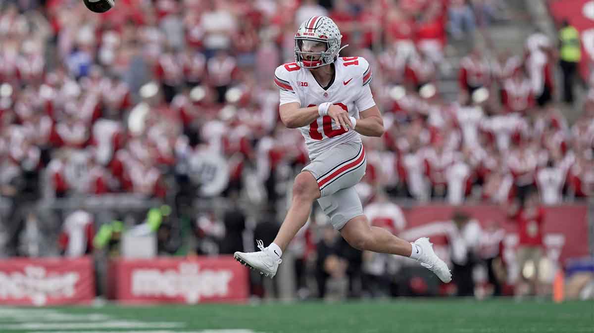 Ohio State quarterback Julian Sayin (10) throws a pass during the third quarter of their game against Wisconsin Saturday, October 18, 2025 at Camp Randall Stadium in Madison, Wisconsin.