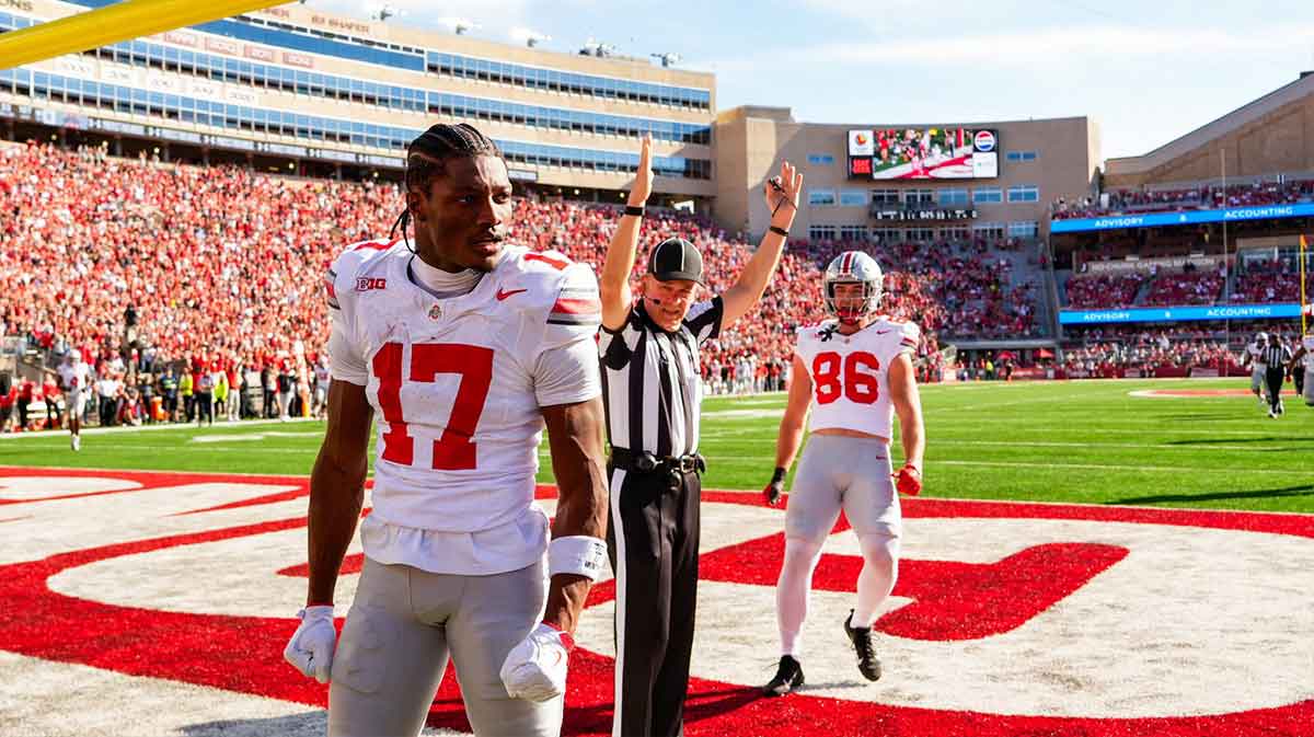 Ohio State Buckeyes wide receiver Carnell Tate (17) reacts after scoring a touchdown in the first half at Camp Randall Stadium on Saturday, Oct. 18, 2025 in Madison, Wisconsin.