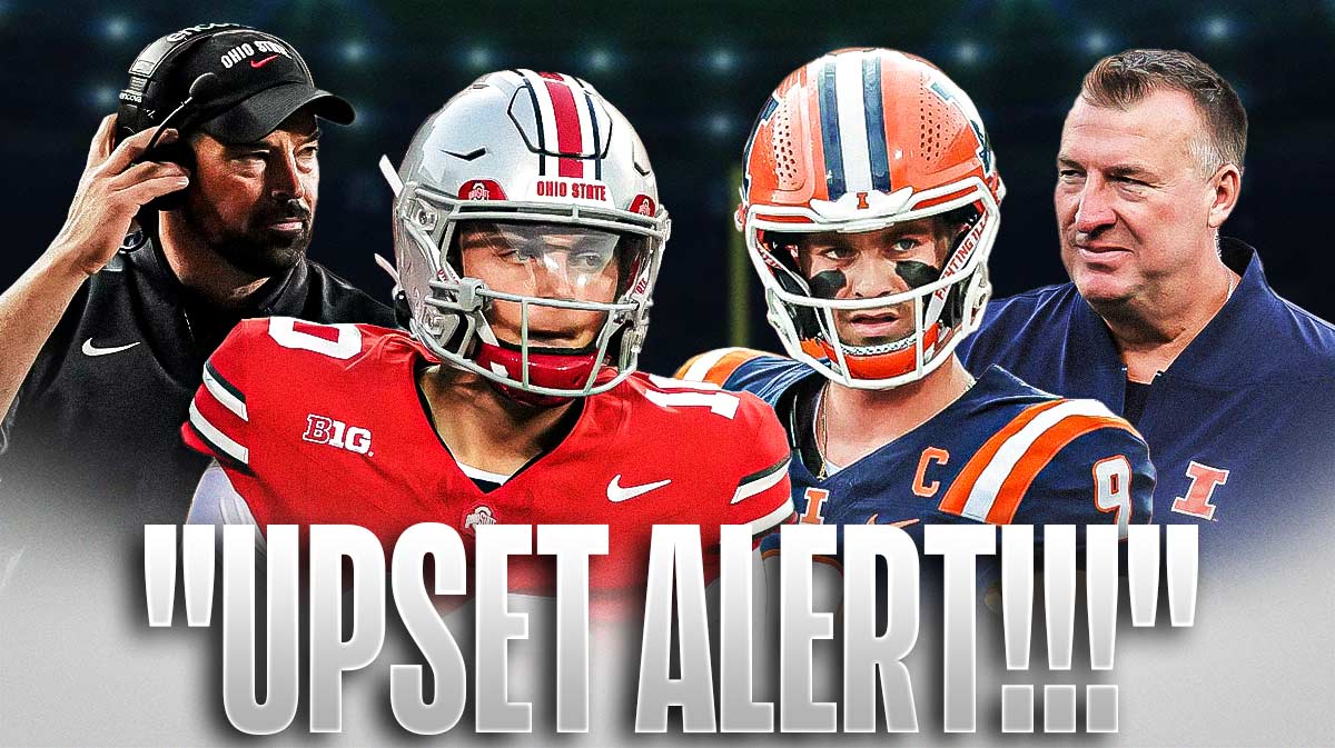 on left quarterback- Julian Sayin coachRyan Day on right quarterback- Luke Altmyer coach- Bret Bielema in between "UPSET ALERT!!!"