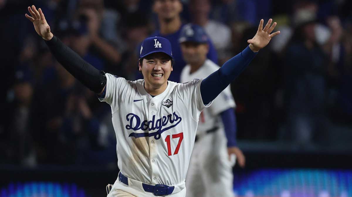 Los Angeles Dodgers designated hitter Shohei Ohtani (17) celebrates after winning in the eighteenth inning against the Toronto Blue Jays in game three of the 2025 MLB World Series at Dodger Stadium.