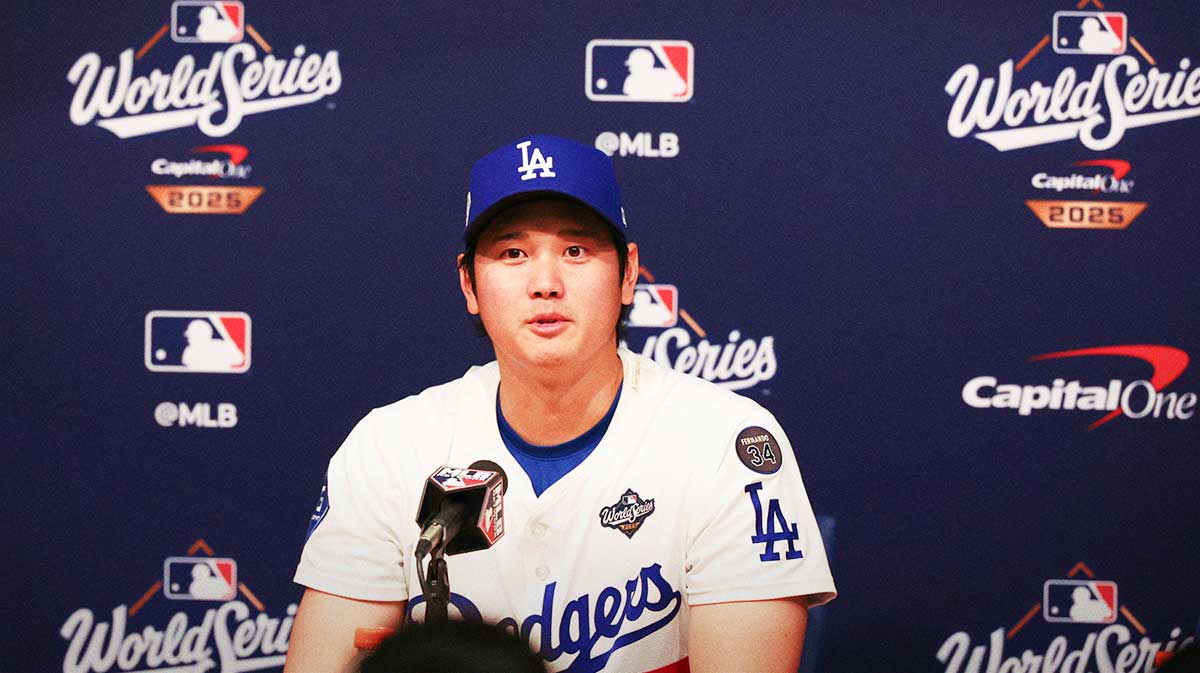 Los Angeles Dodgers two-way player Shohei Ohtani (17) speaks at the postgame press conference after the game against the Toronto Blue Jays during game four of the 2025 MLB World Series at Dodger Stadium.
