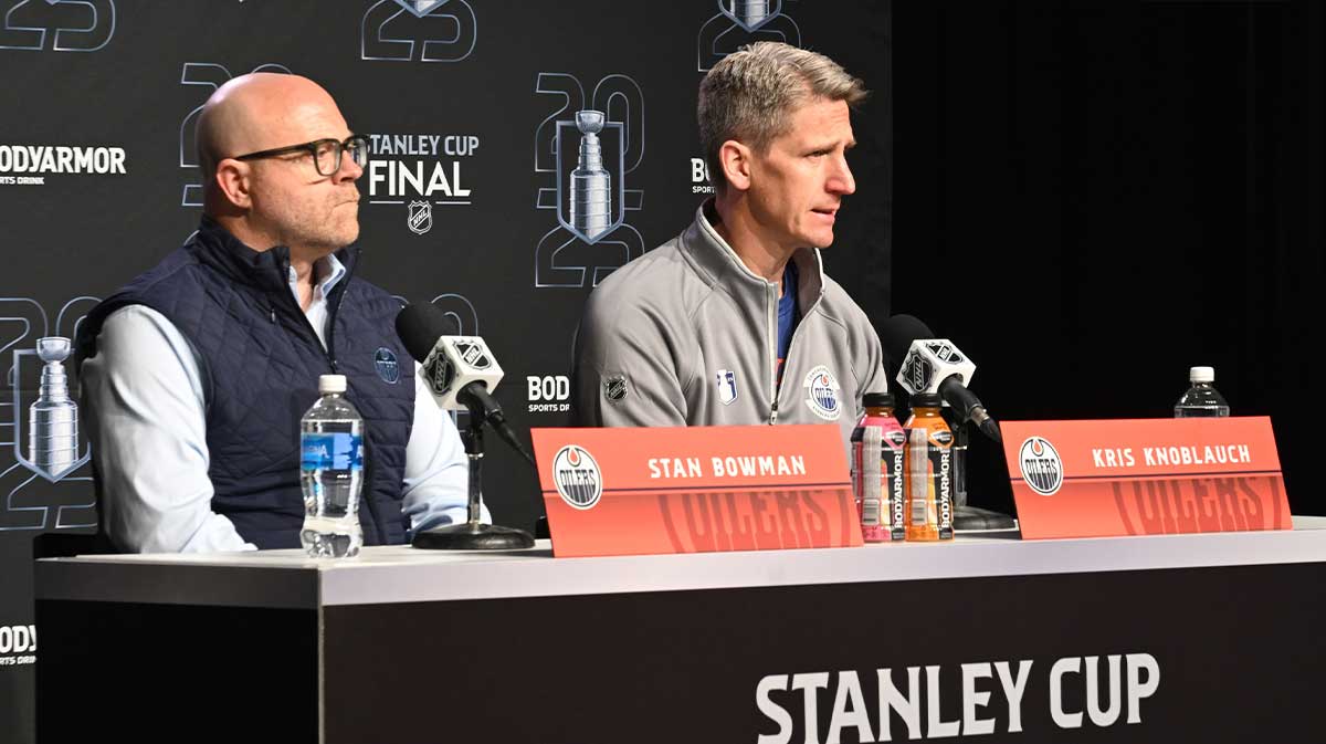 Edmonton Oilers general manager Stan Bowman along with Oilers head coach Kris Knoblauch are seen during media day in advance of the 2025 Stanley Cup Final at Rogers Place.