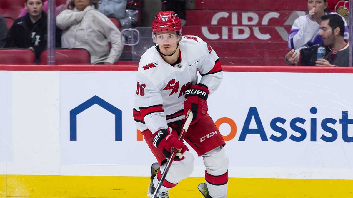 Carolina Hurricanes center Jack Roslovic (96) skates with the puck in the second period against the Ottawa Senators at the Canadian Tire Centre.