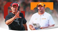 Oklahoma HC Brent Venables (left) and Tennessee HC Josh Heupel (right). Oklahoma Sooners and Tennessee Volunteers logos in background