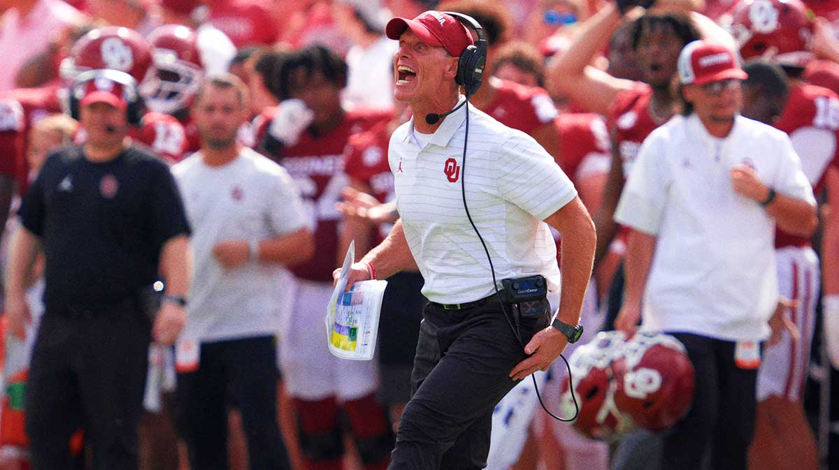 Oklahoma coach Brent Venables shouts after a penalty during a college football game between the University of Oklahoma Sooners (OU) and the Auburn Tigers at Gaylord Family Ð Oklahoma Memorial Stadium in Norman, Okla., Saturday,Sept. 20, 2025. Oklahoma won 24-17.