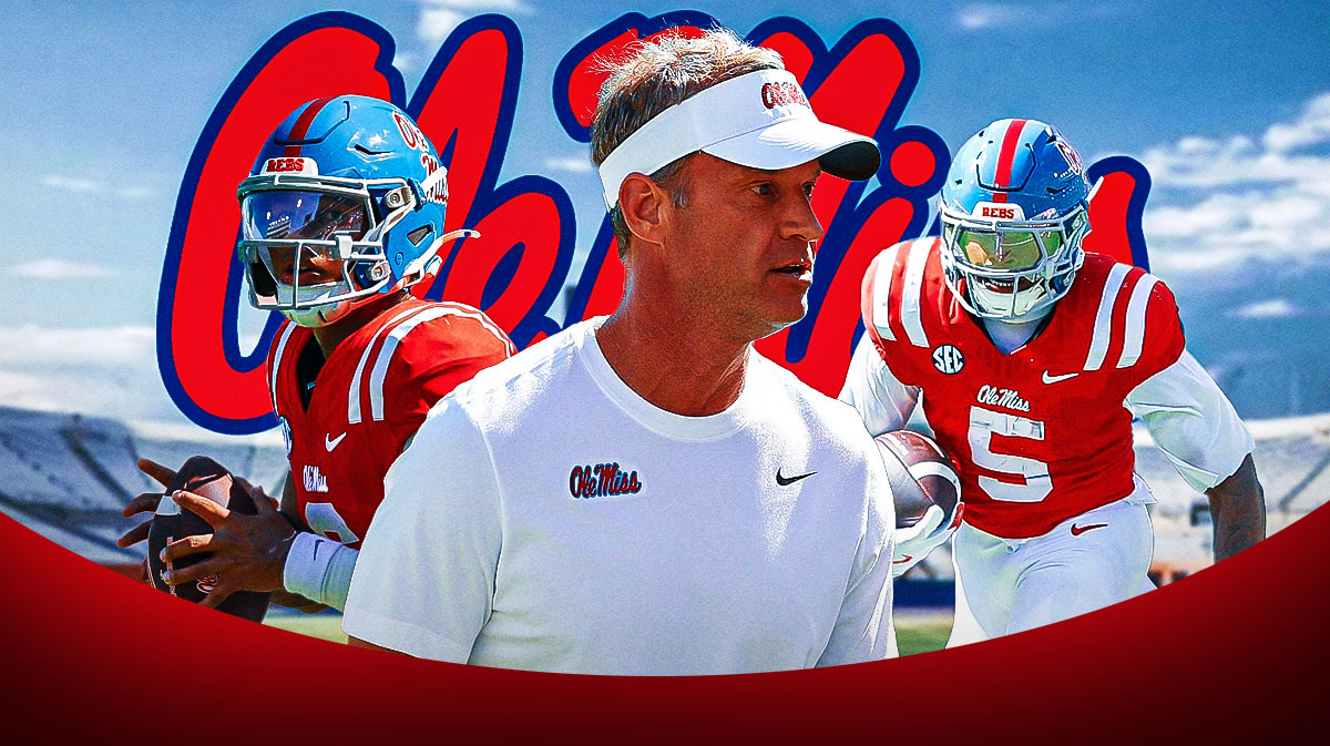 Lane Kiffin, Trinidad Chambliss, and Will Echoles with Ole Miss logo in the background.