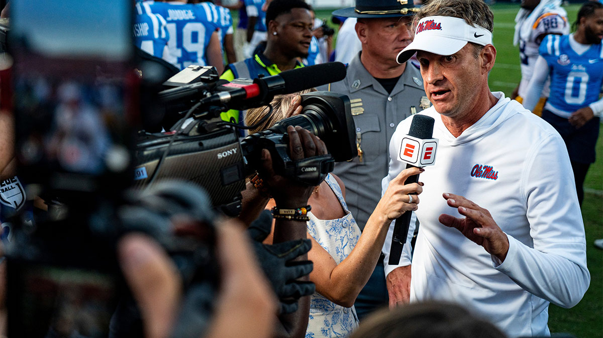 Ole Miss head coach Lane Kiffin takes questions from ESPN after a college football game between Ole Miss and LSU at Vaught-Hemingway Stadium in Oxford, Miss.