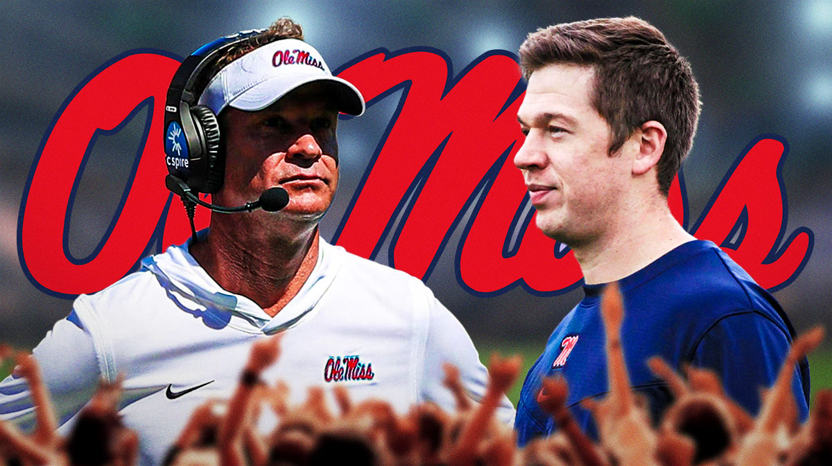 Lane Kiffin and Charlie Weis JR with the Ole Miss logo in the background
