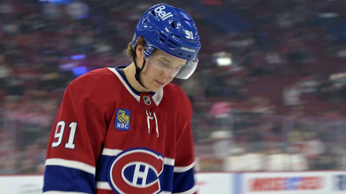Montreal Canadiens forward Oliver Kapanen (91) skates during the warmup period before the game against the Philadelphia Flyers at the Bell Centre.