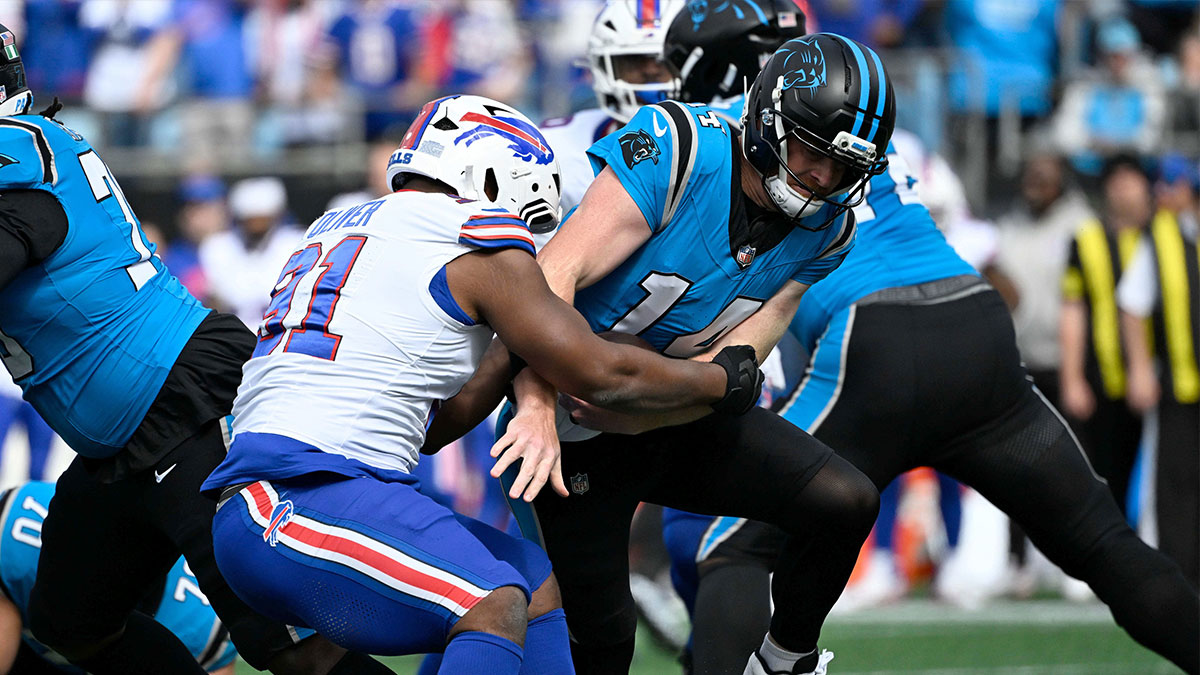 Buffalo Bills defensive tackle Ed Oliver (91) sacks Carolina Panthers quarterback Andy Dalton (14) during the first half at Bank of America Stadium.
