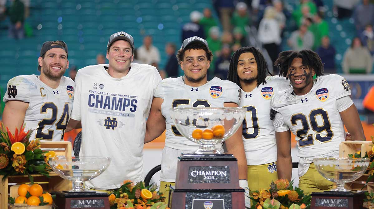 Notre Dame Fighting Irish linebacker Jack Kiser (24) defensive lineman Howard Cross III (56) safety Xavier Watts (0) and quarterback Riley Leonard (13) and cornerback Christian Gray (29) celebrate deafening the Penn State Nittany Lions in the Orange Bowl at Hard Rock Stadium.