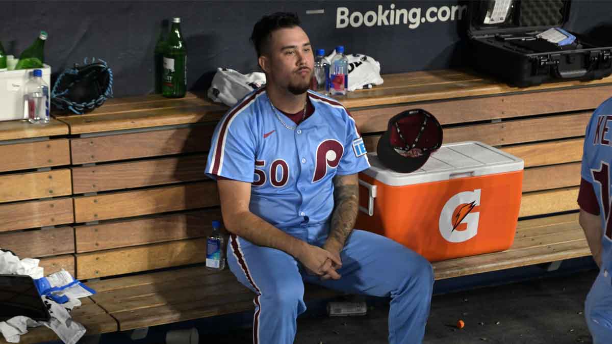 Philadelphia Phillies pitcher Orion Kerkering (50) in the dugout after the final out as they lost to the Los Angeles Dodgers