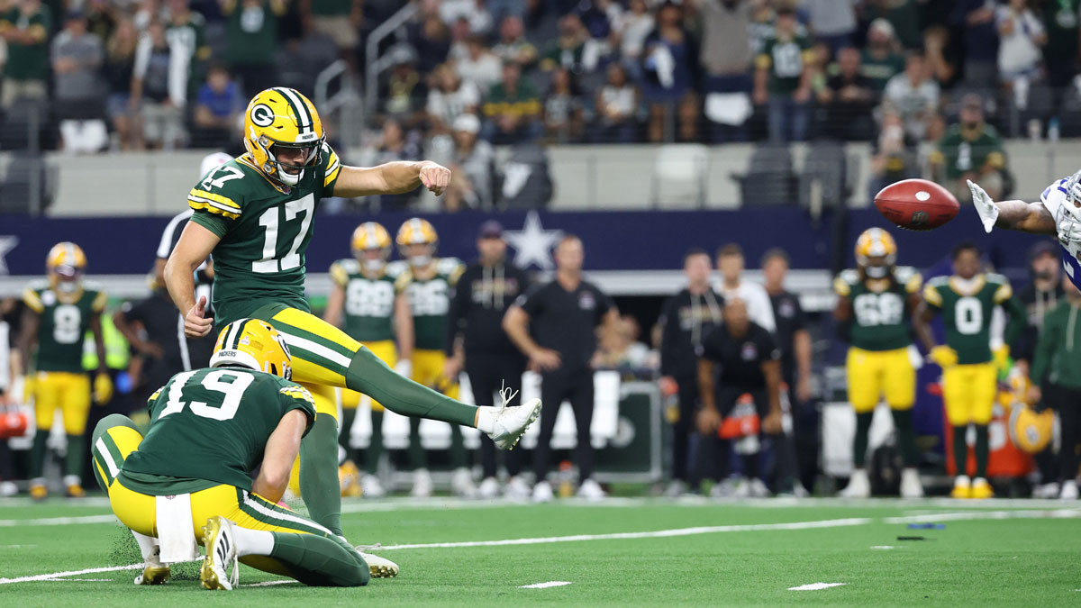 Green Bay Packers place kicker Brandon McManus (17) kicks a game tying field goal in overtime at AT&T Stadium.