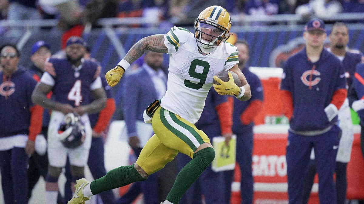Green Bay Packers wide receiver Christian Watson (9) makes a 60-yard reception during the fourth quarter of their game Sunday, November 17, 2024 at Soldier Field in Chicago, Illinois. The Green Bay Packers beat the Chicago Bears 20-19.