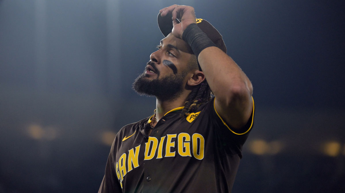 Padres outfielder Fernando Tatis Jr. (23) reacts
