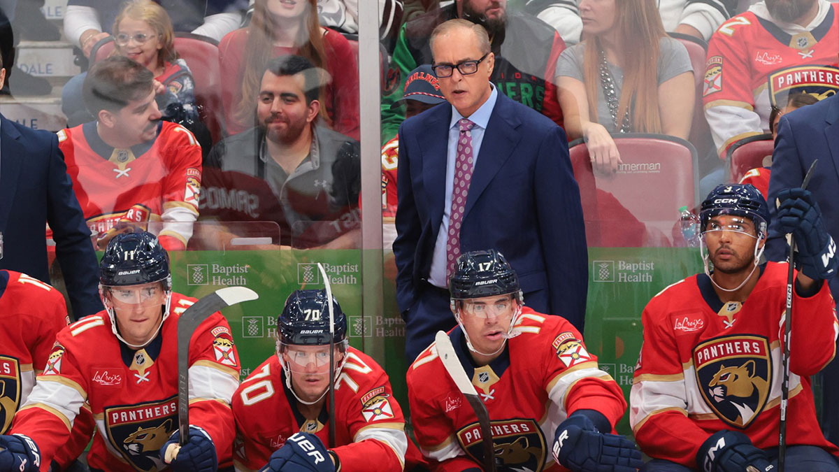 Florida Panthers head coach Paul Maurice watches from the bench against the Chicago Blackhawks during the third period at Amerant Bank Arena.