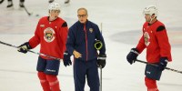 Florida Panthers head coach Paul Maurice speaks to his players during training camp at Baptist Health IcePlex.