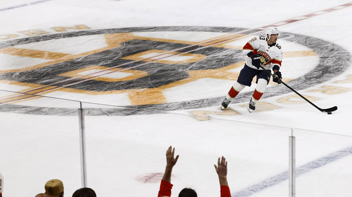 Florida Panthers left wing Brad Marchand (63) skates during warm ups before their game against the Boston Bruins period at TD Garden.