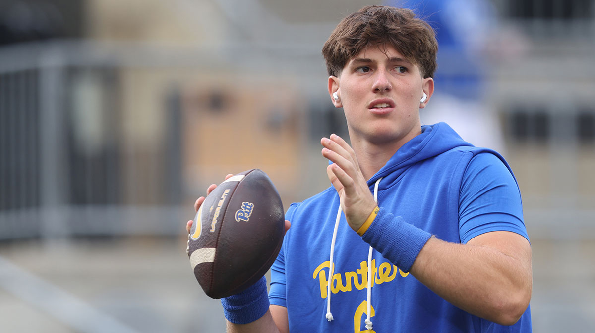Pittsburgh, Pennsylvania, USA; Pittsburgh Panthers quarterback Mason Heintschel (6) warms up before the game against the Duquesne Dukes at Acrisure Stadium.