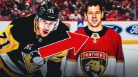 Evgeni Malkin in Pittsburgh Penguins gear with an arrow pointing to him wearing Florida Panthers gear. Amerant Bank Arena as the background image.