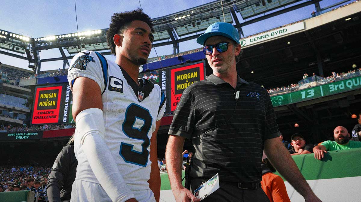 Carolina Panthers quarterback Bryce Young (9) walks out of MetLife Stadium during a game against the New York Jets, Oct 19, 2025, East Rutherford, NJ, USA.