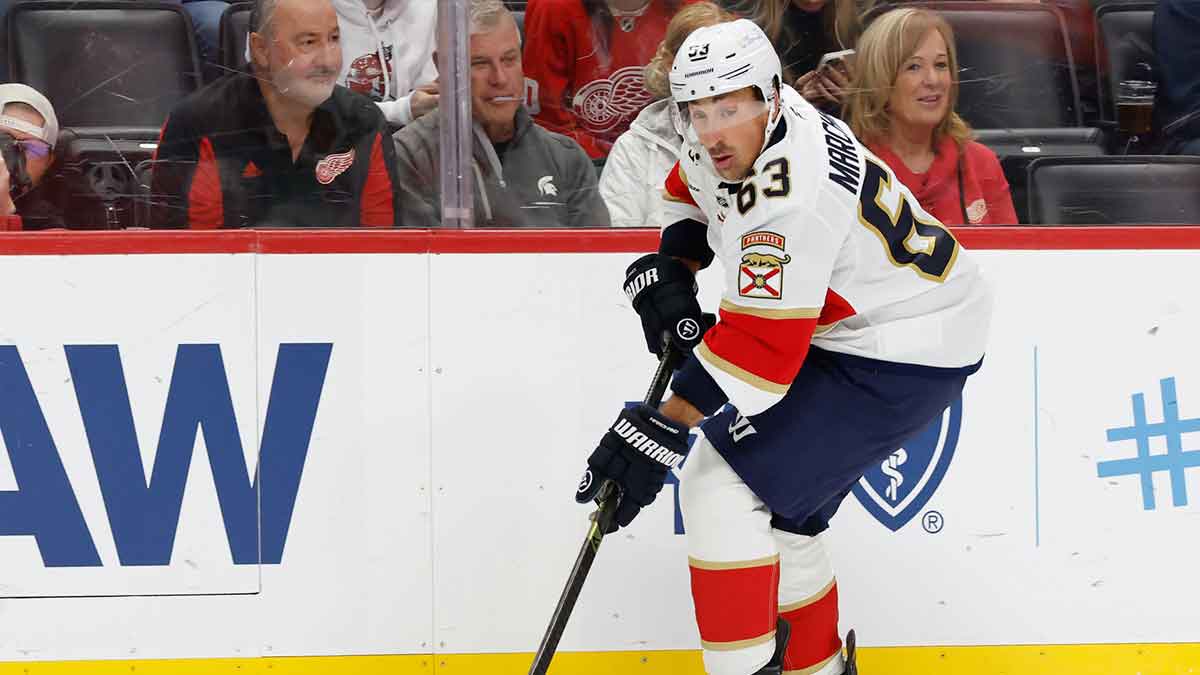 Florida Panthers left wing Brad Marchand (63) skates with the puck in the first period against the Detroit Red Wings at Little Caesars Arena