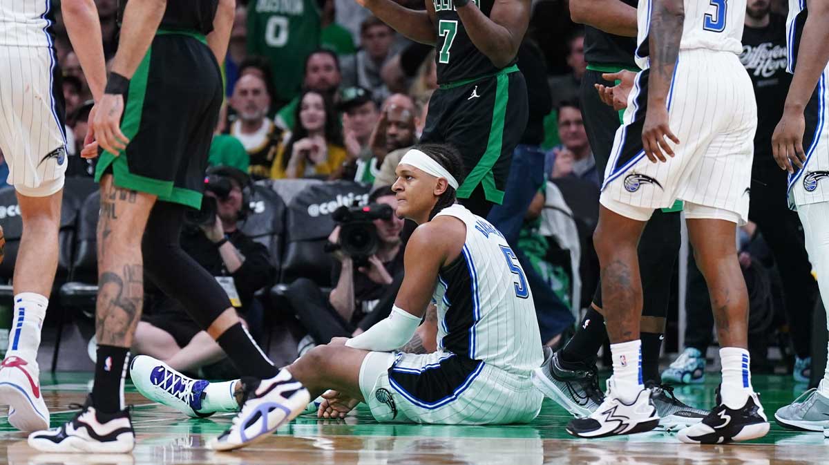 Orlando Magic forward Paolo Banchero (5) on the court after a play against the Boston Celtics in the third quarter during game five of first round for the 2025 NBA Playoffs at TD Garden.