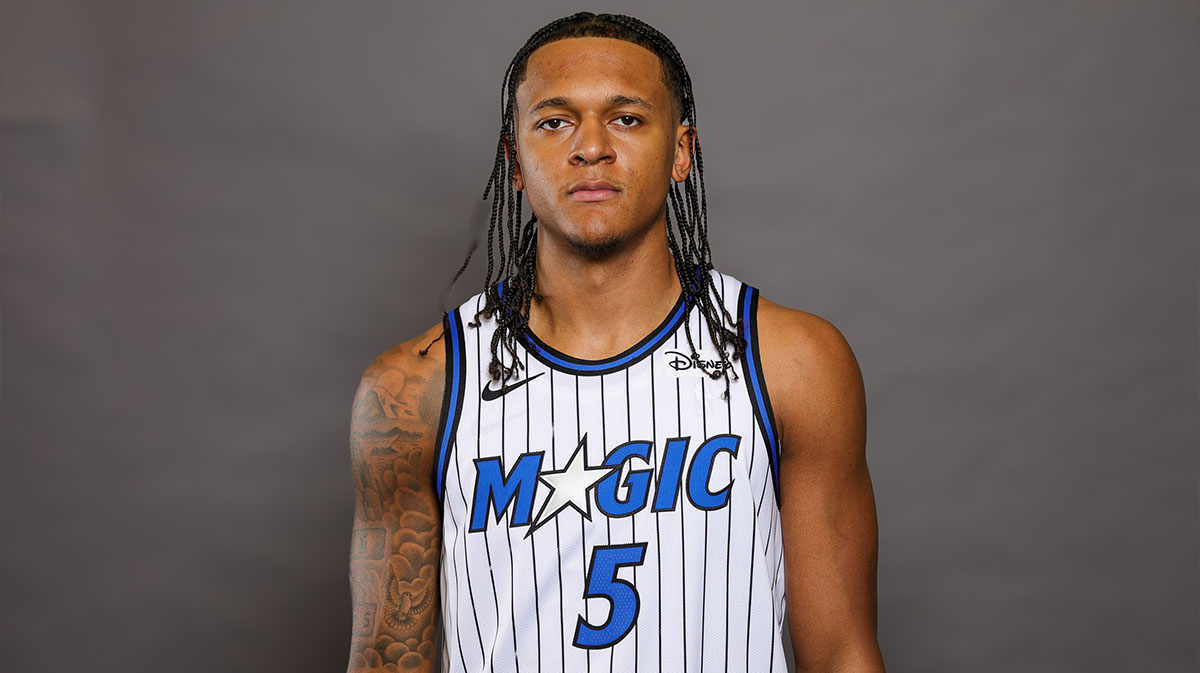 Orlando Magic forward Paolo Banchero (5) poses for a picture during Magic-Media Day at AdventHealth Training Center.