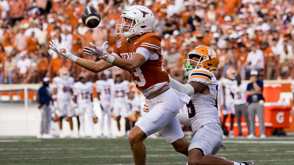Texas’ wide receiver Parker Livingstone (13) catches the ball during a football game against UTEP at Darrell K Royal–Texas Memorial Stadium in Austin, Texas