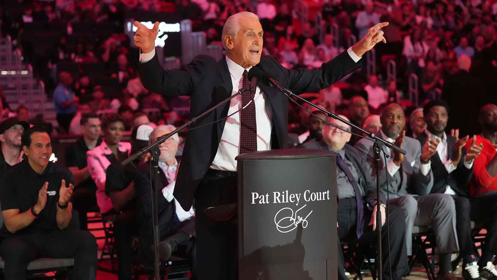 Miami Heat president Pat Riley addresses the crowd during the Pat Riley Court dedication ceremony at halftime at Kaseya Center. 