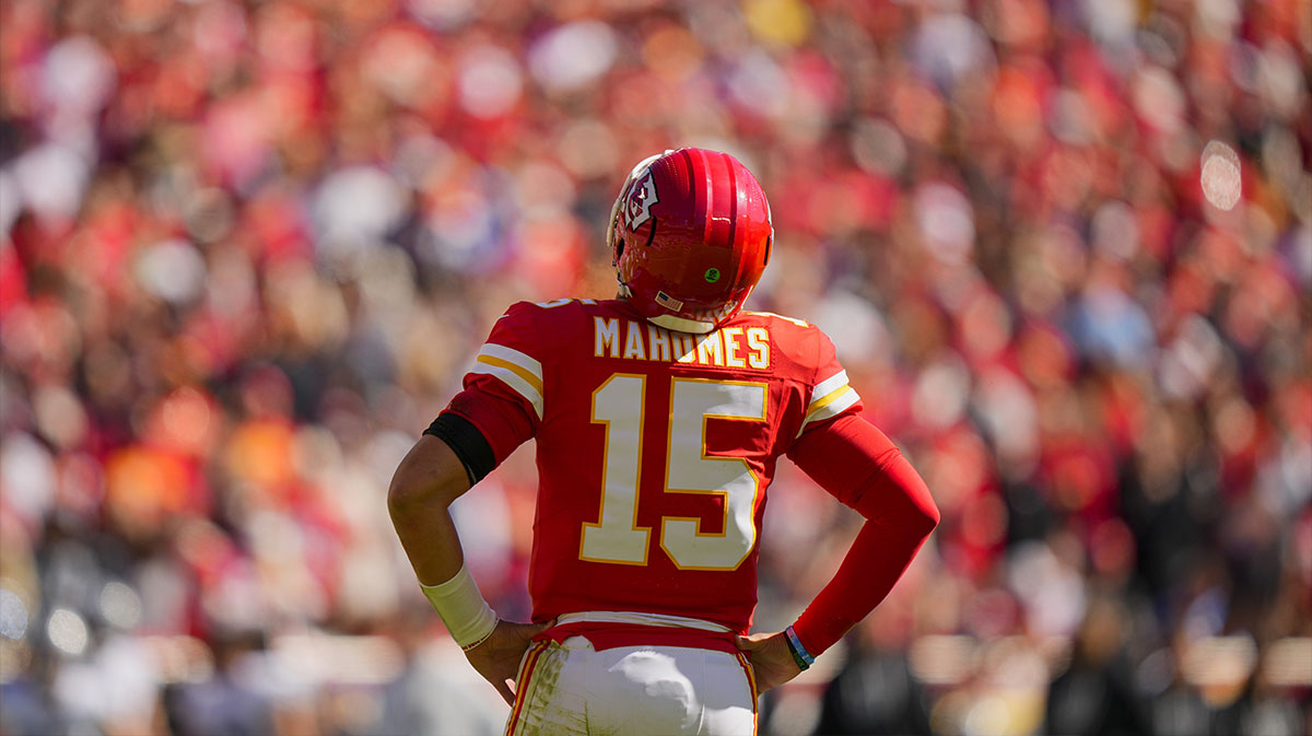 Kansas City Chiefs quarterback Patrick Mahomes (15) reacts during the first half against the Las Vegas Raiders at GEHA Field at Arrowhead Stadium.