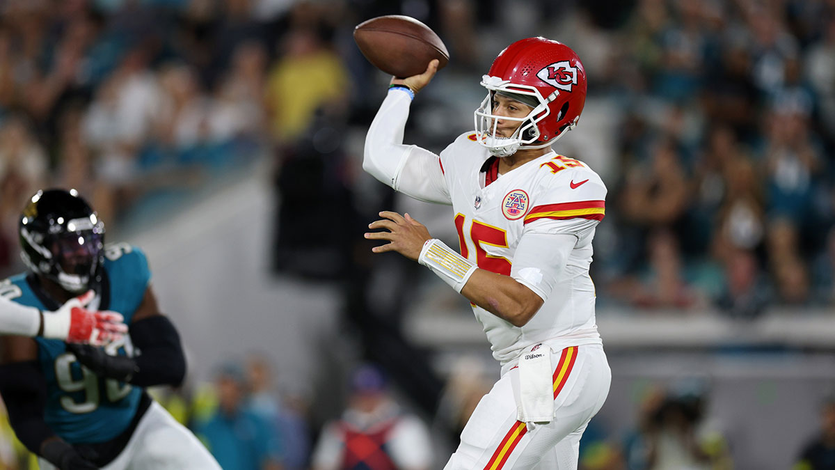 Kansas City Chiefs quarterback Patrick Mahomes (15) throws during the first quarter against the Jacksonville Jaguars at EverBank Stadium. 
