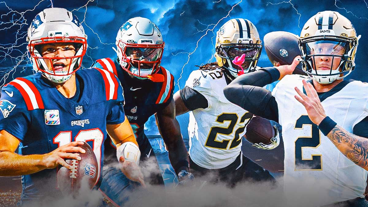 Drake Maye, Stefon Diggs on one side, Spencer Rattler, Rashid Shaheed on the other side, Lightning in the background