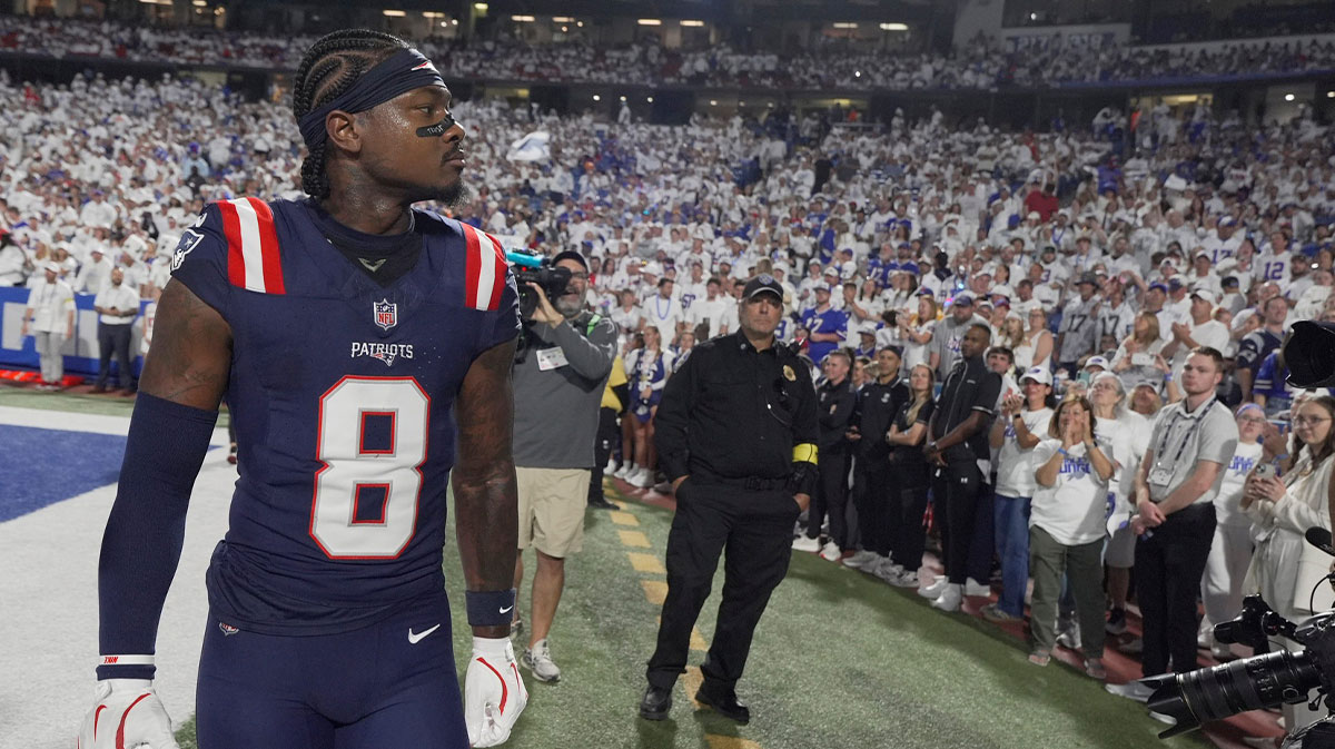 Stefon Diggs, a former Bills player, looks around at the crowd as the crowd has a mixed reaction to his return with another team before the Bills home game against the New England Patriots at Highmark Stadium in Orchard Park on Oct. 5, 2025.