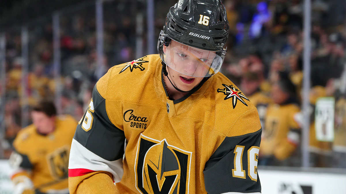 Vegas Golden Knights right wing Pavel Dorofeyev (16) warms up before the start of a game against the Los Angeles Kings at T-Mobile Arena.