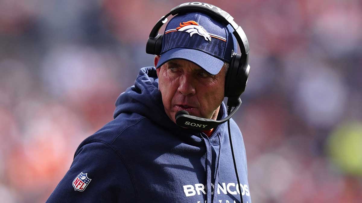 Denver Broncos head coach Sean Payton looks on in the first quarter against the Dallas Cowboys at Empower Field at Mile High.