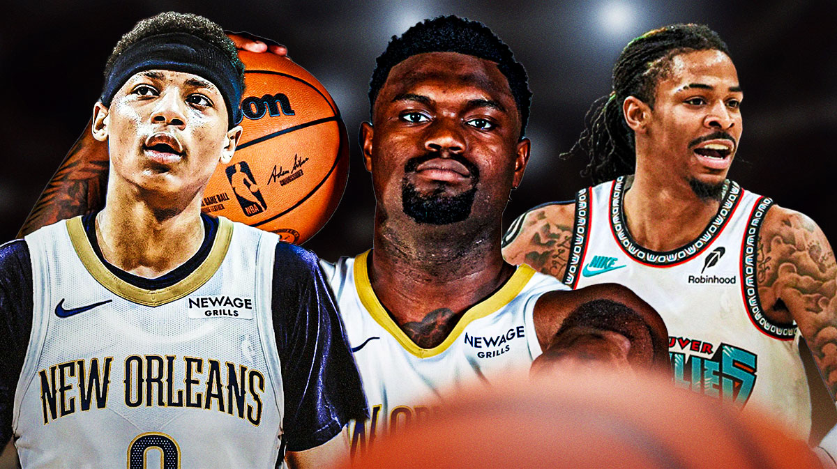 Jeremiah Fears (left) behind Zion Williamson (center, bigger) with Ja Morant (right, walking away)