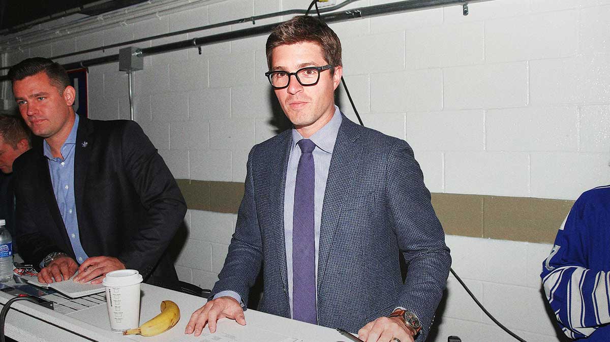 Toronto Maple Leafs general manager Kyle Dubas poses for a photo before their preseason game against the Ottawa Senators at Lucan Community Memorial Centre. The Maple Leafs beat the Senators 4-1.