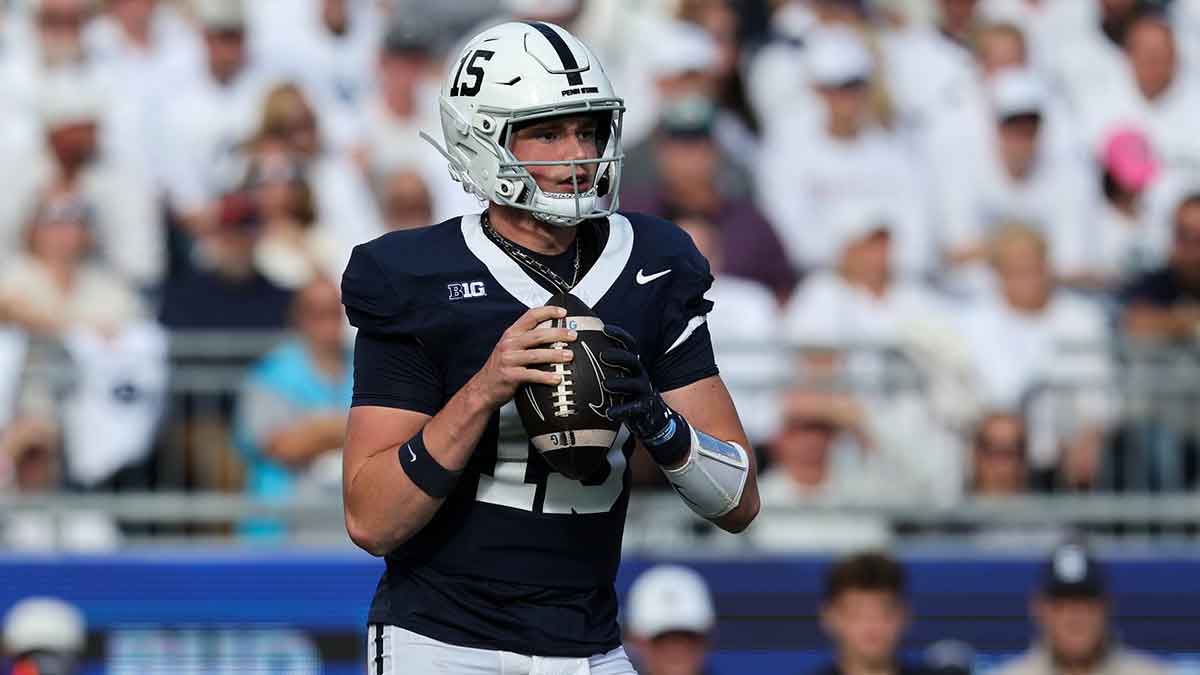 Penn State Nittany Lions quarterback Drew Allar (15) drops back in the pocket during the first quarter against the Northwestern Wildcats at Beaver Stadium.