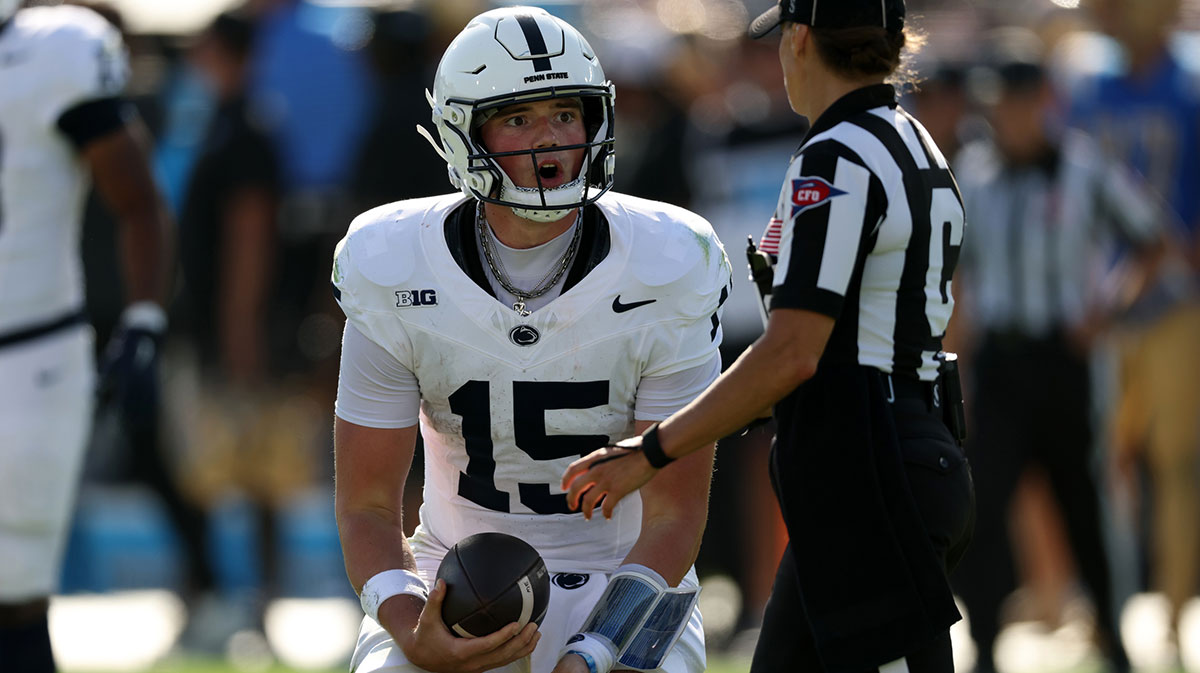 Penn State Nittany Lions quarterback Drew Allar (15) reacts to a call during the fourth quarter against the UCLA Bruins at Rose Bowl.