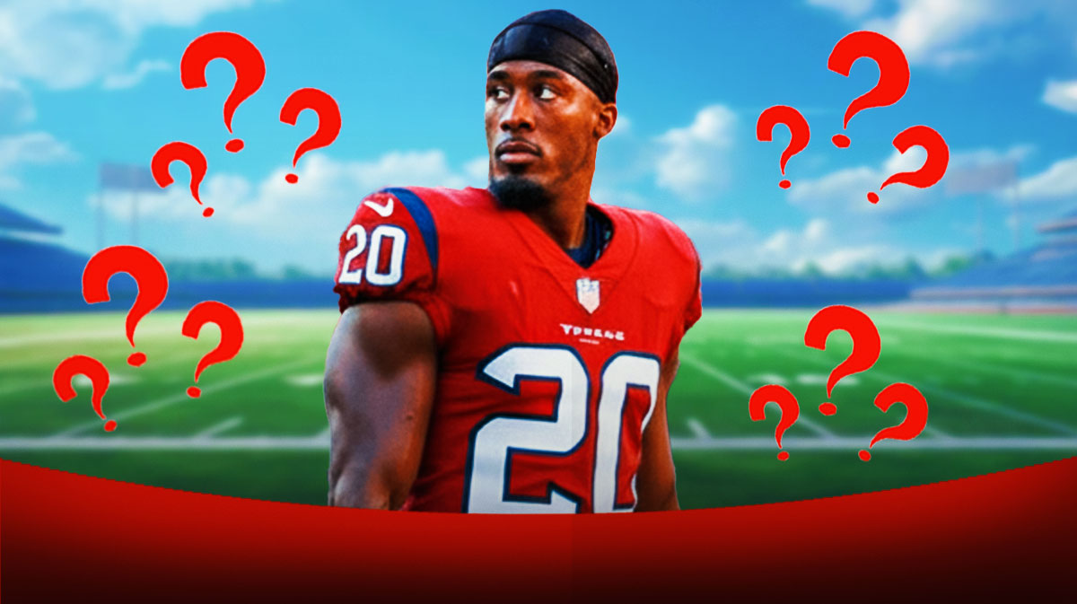 Jets RB Breece Hall in a Houston Texans jersey #20. He is surrounded by question mark emojis.