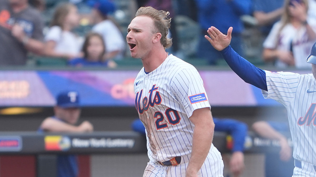 New York Mets first baseman Pete Alonso (20) reacts to hitting a walk off three run home run against the Texas Rangers during the tenth inning at Citi Field. 