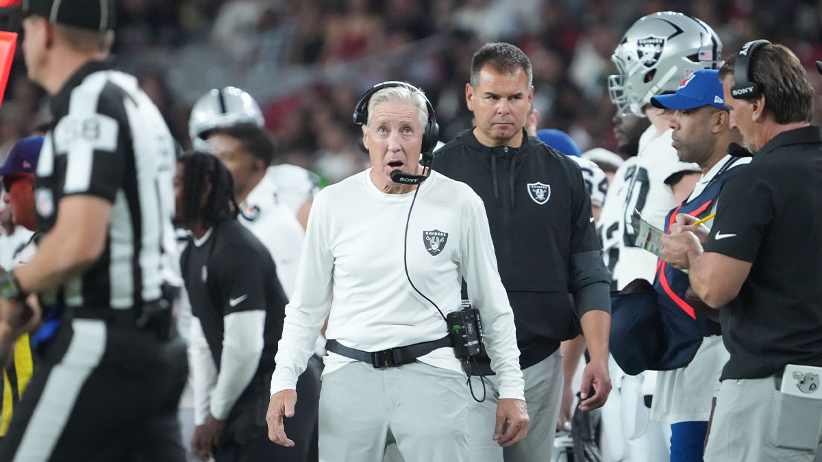 Las Vegas Raiders head coach Pete Carroll looks on against the Arizona Cardinals during the first half at State Farm Stadium. 
