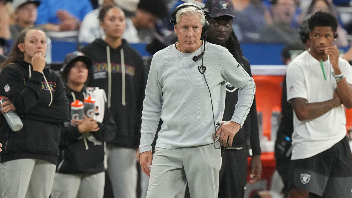 Las Vegas Raiders head coach Pete Carroll walks the sideline Sunday, Oct. 5, 2025, during a game at Lucas Oil Stadium in Indianapolis. The Colts defeated the Raiders 40-6.