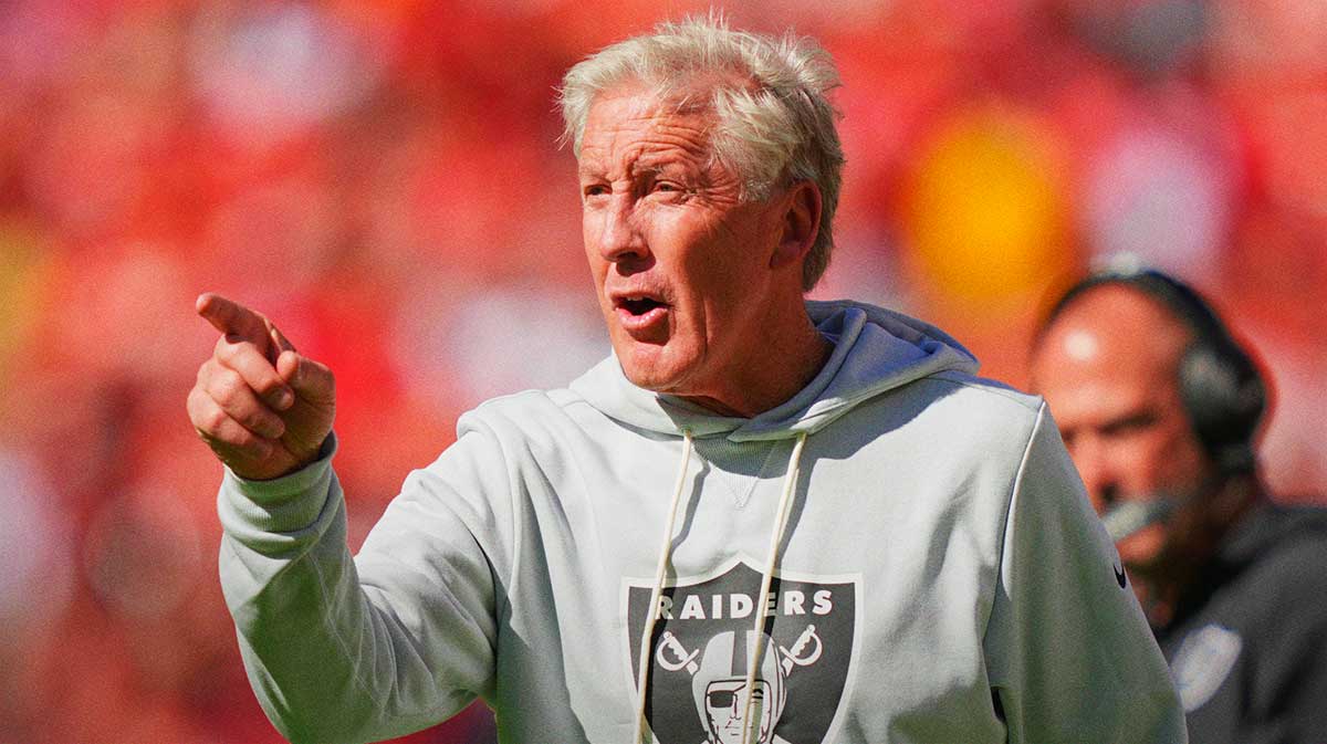 Las Vegas Raiders head coach Pete Carroll reacts after a play against the Kansas City Chiefs during the third quarter of the game at GEHA Field at Arrowhead Stadium.